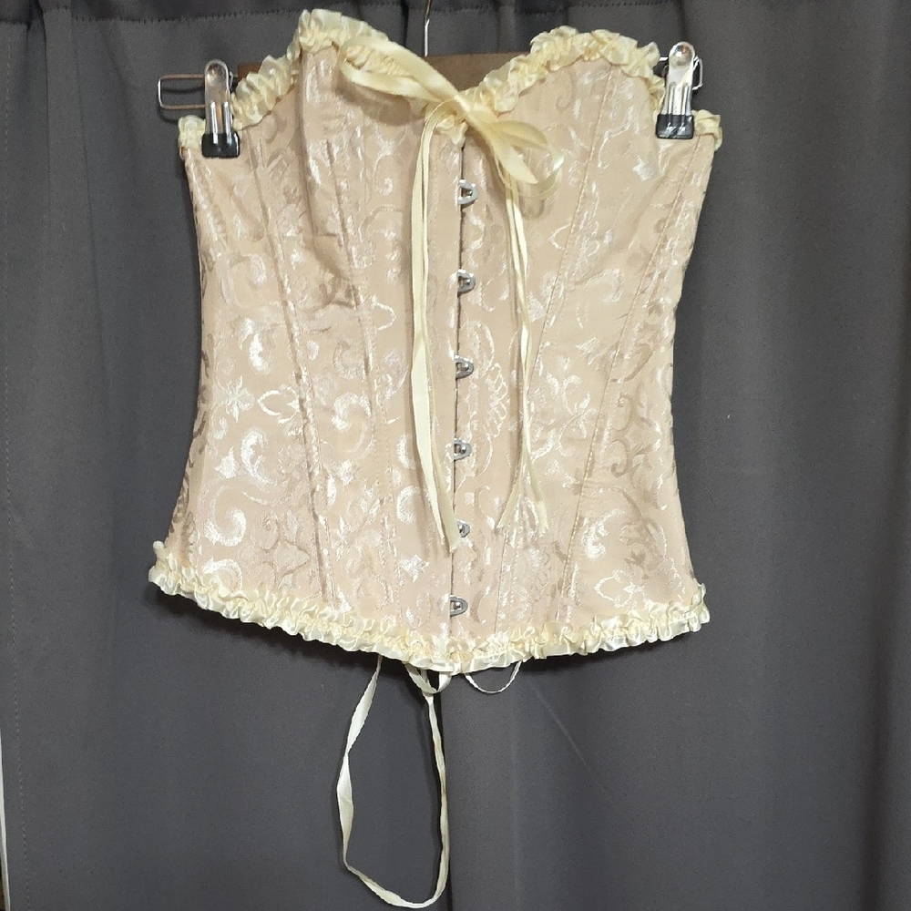 Elegant Cream Corset with‎ Ribbon Detail Front Hook Back Lace-Up? Sz S EUC